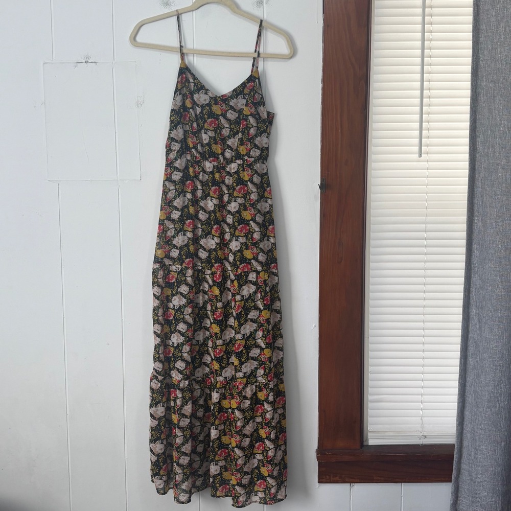 J.Crew Mercantile Floral Maxi Dress Black Multi Tiered‎ V-Neck Size 00